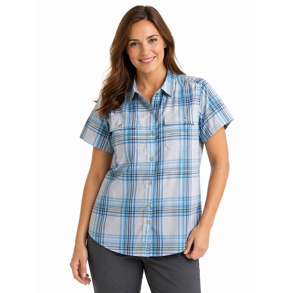 Eddie Bauerโ Women's Shirt XL Plaid Short Sleeve UPF 50 Hiking Outdoor Camping - Picture 1 of 14